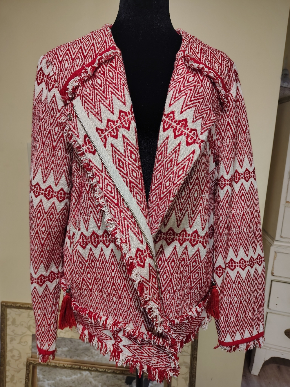 M&S Collection Red & White Geometric Fringed Jacket Size XL